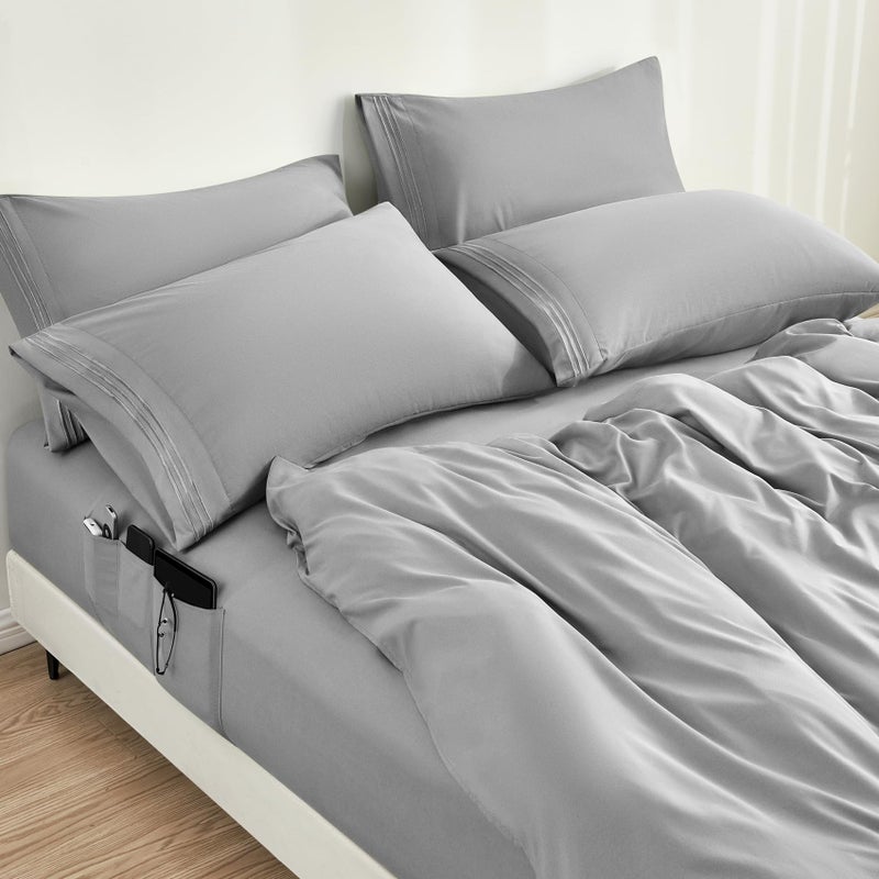 BYSURE 6 Pieces Bed Sheets Set with Pockets on Side(Full, Light Grey), Sweat-Wicking Breathable Sheets, 16-inch Super Soft Hotel Embroidered Microfiber Sheet Set - Image 2